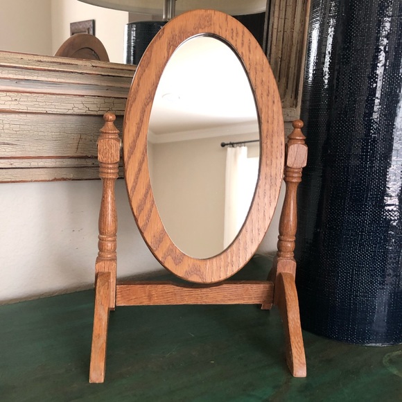 Vintage | Oval Wood Standing Mirror | Vanity Mirror | Shaving Mirror | 13” Tall